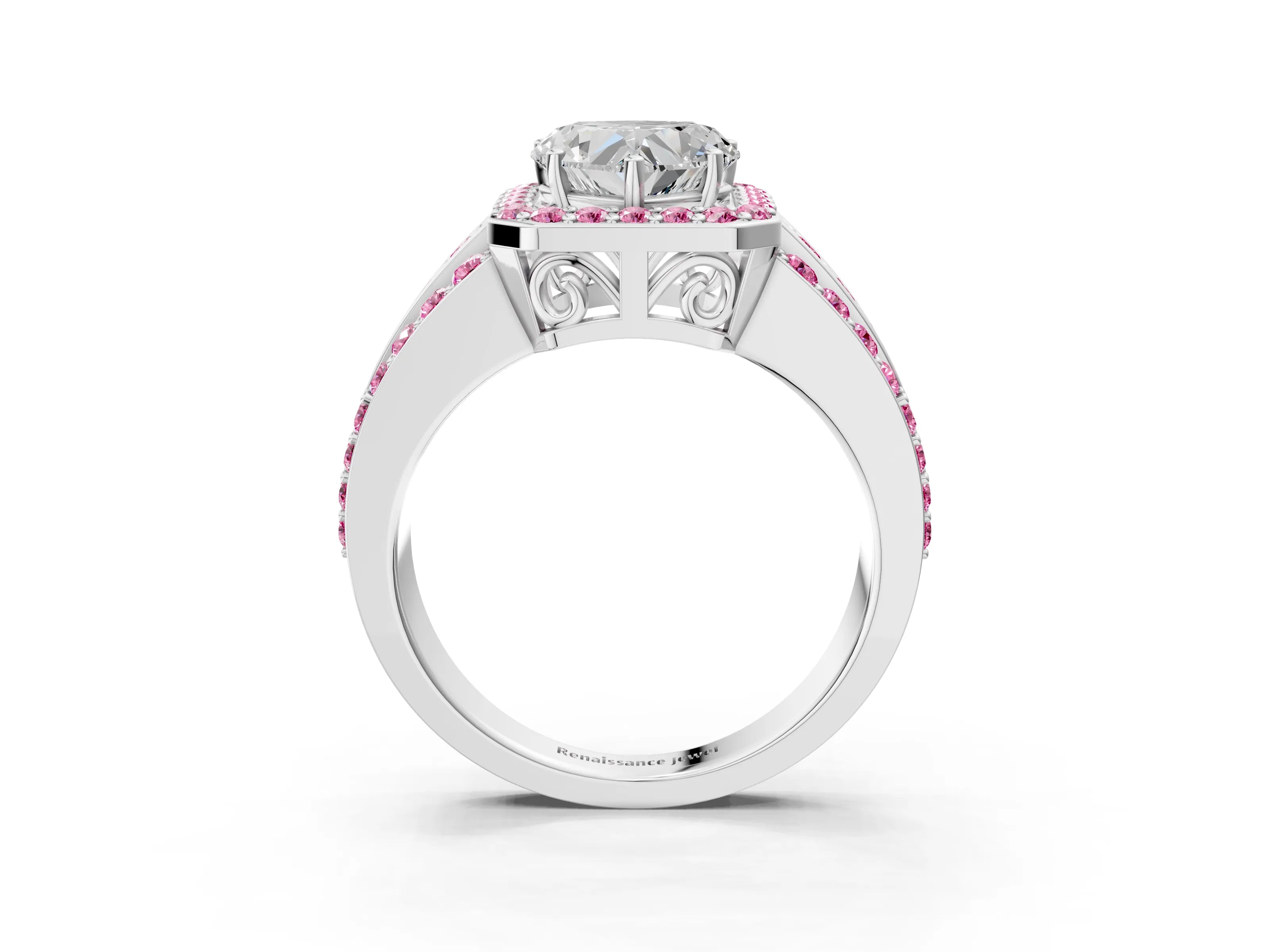 White gold Heart Cut Halo Diamond Ring with Round with Pink Sapphire side stone Split Shank and Prong Setting_51
