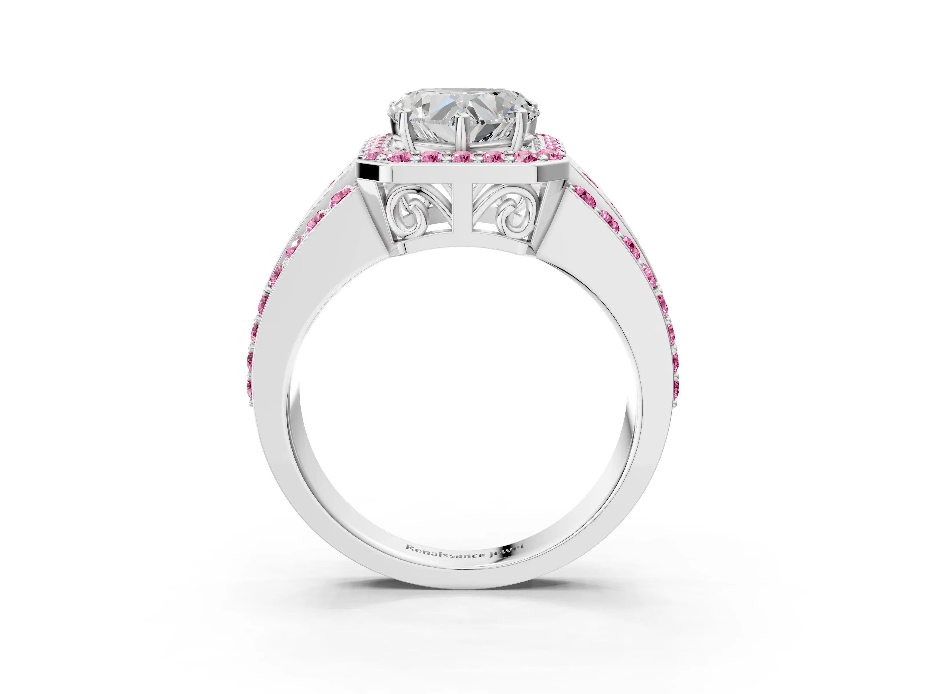 White gold Heart Cut Halo Diamond Ring with Round with Pink Sapphire side stone Split Shank and Prong Setting_51