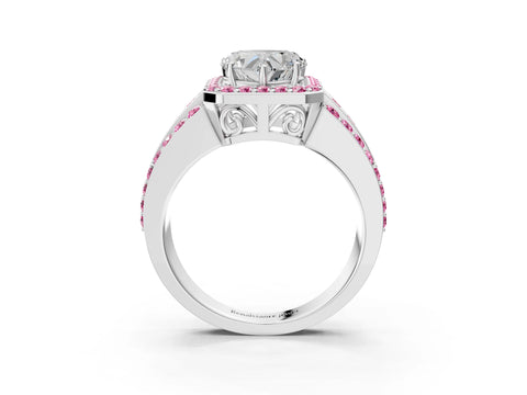 White gold Heart Cut Halo Diamond Ring with Round with Pink Sapphire side stone Split Shank and Prong Setting_51