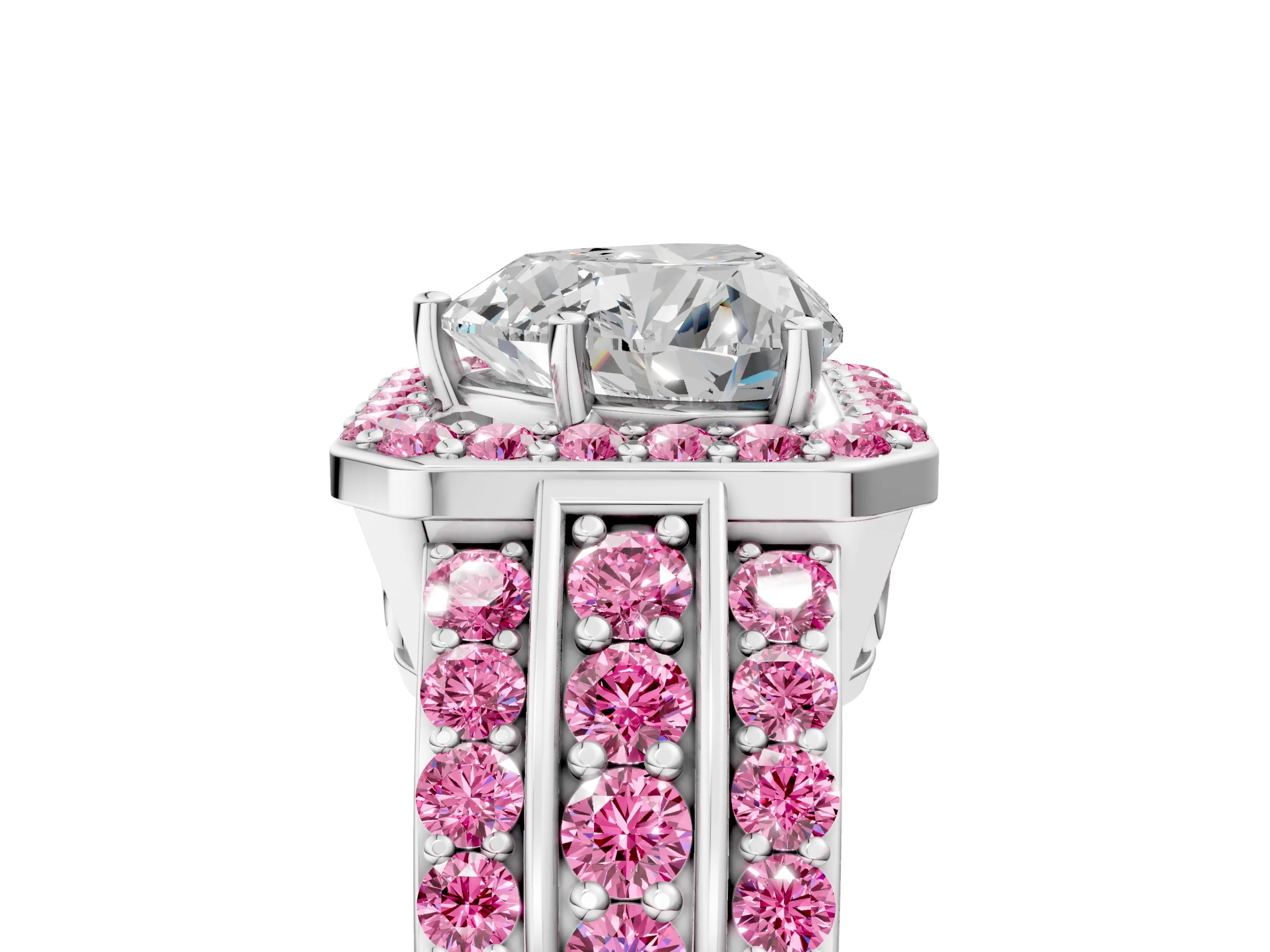 White gold Heart Cut Halo Diamond Ring with Round with Pink Sapphire side stone Split Shank and Prong Setting_53