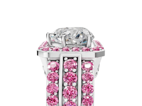 White gold Heart Cut Halo Diamond Ring with Round with Pink Sapphire side stone Split Shank and Prong Setting_53