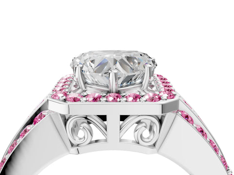 White gold Heart Cut Halo Diamond Ring with Round with Pink Sapphire side stone Split Shank and Prong Setting_64