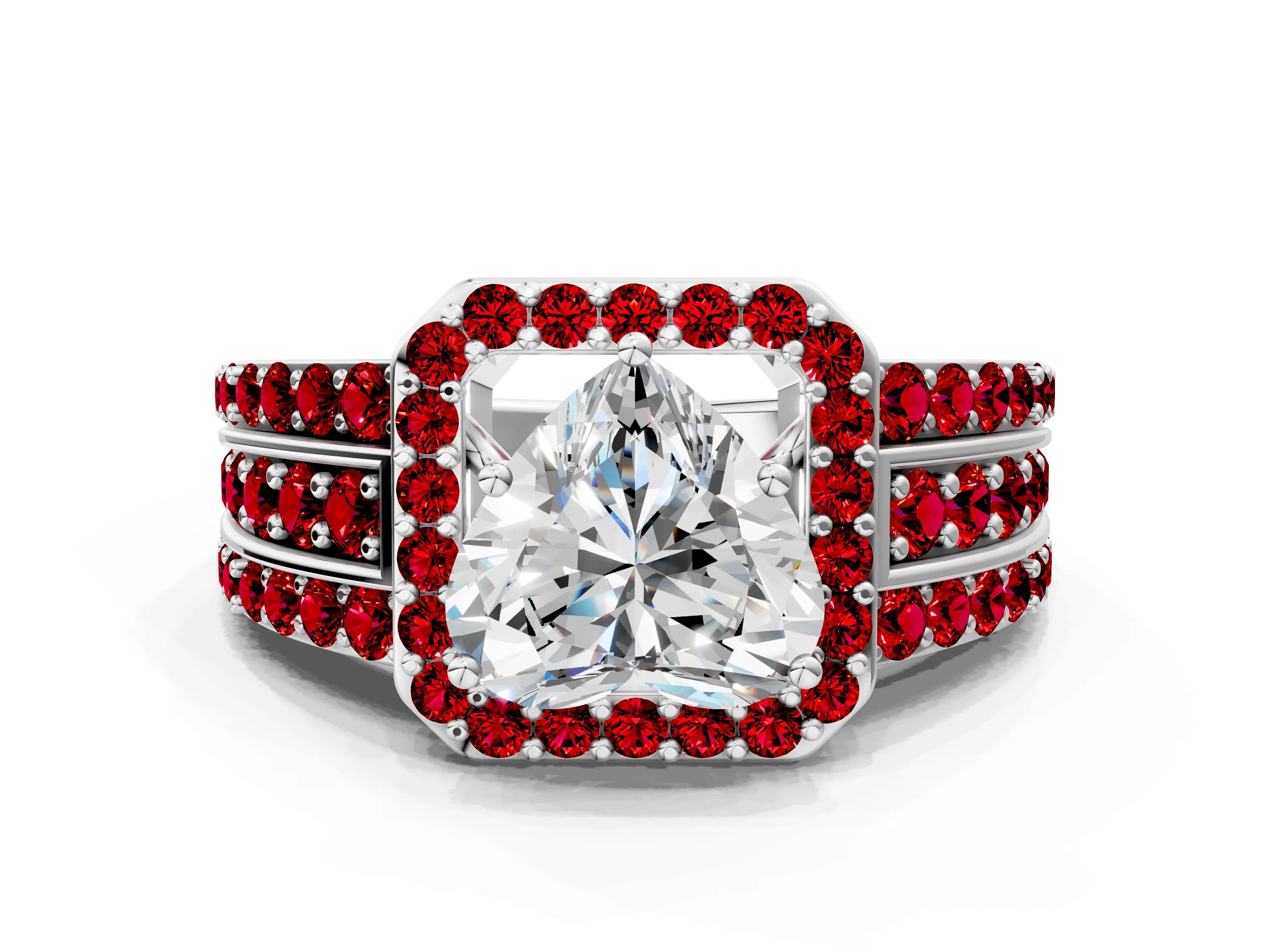 White gold Heart Cut Halo Diamond Ring with Round with Ruby side stone Split Shank and Prong Setting_36