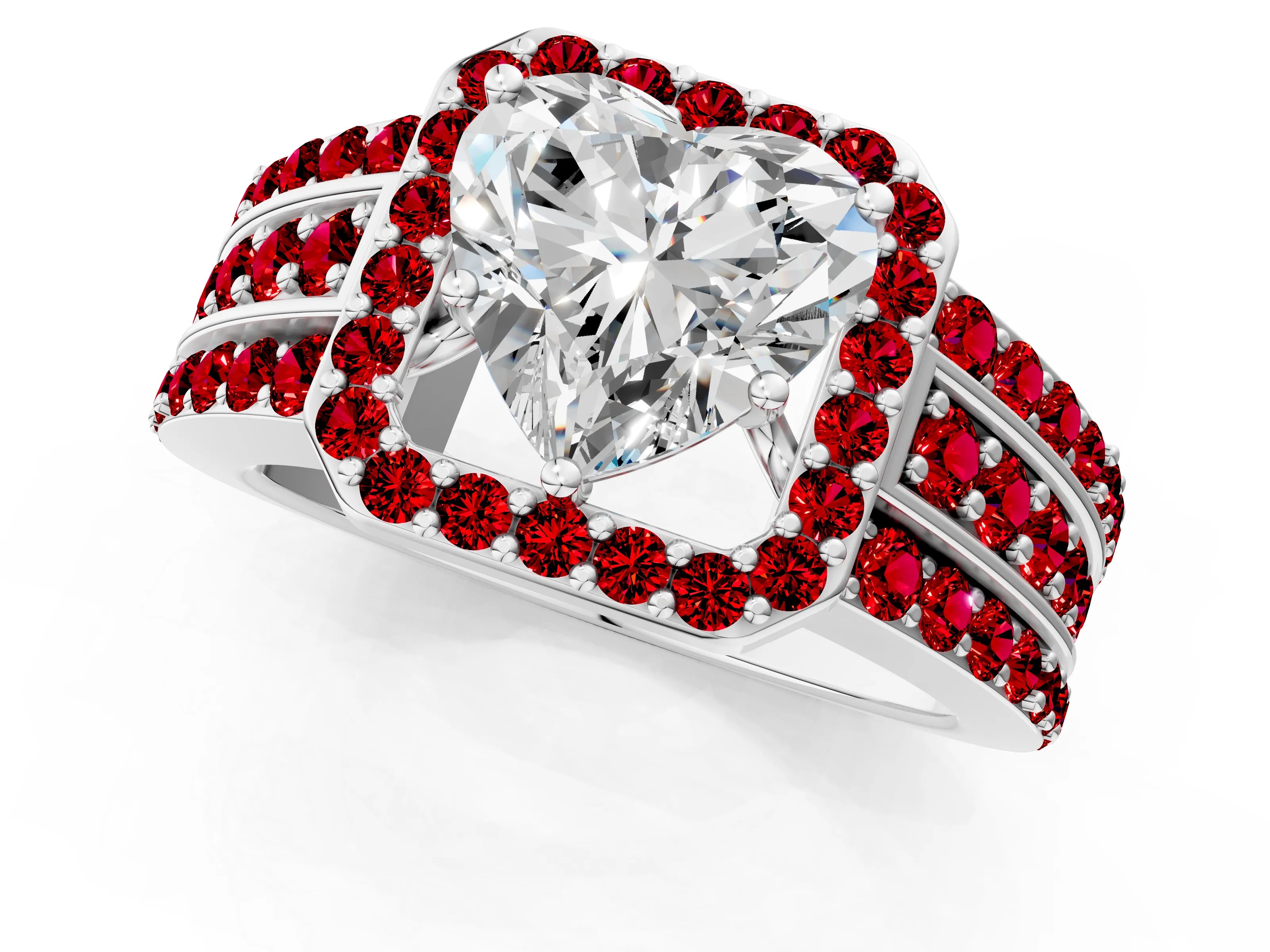 White gold Heart Cut Halo Diamond Ring with Round with Ruby side stone Split Shank and Prong Setting_37