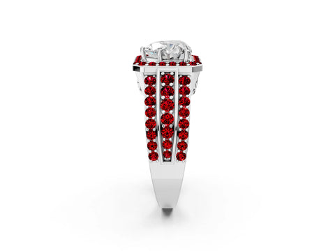 White gold Heart Cut Halo Diamond Ring with Round with Ruby side stone Split Shank and Prong Setting_38