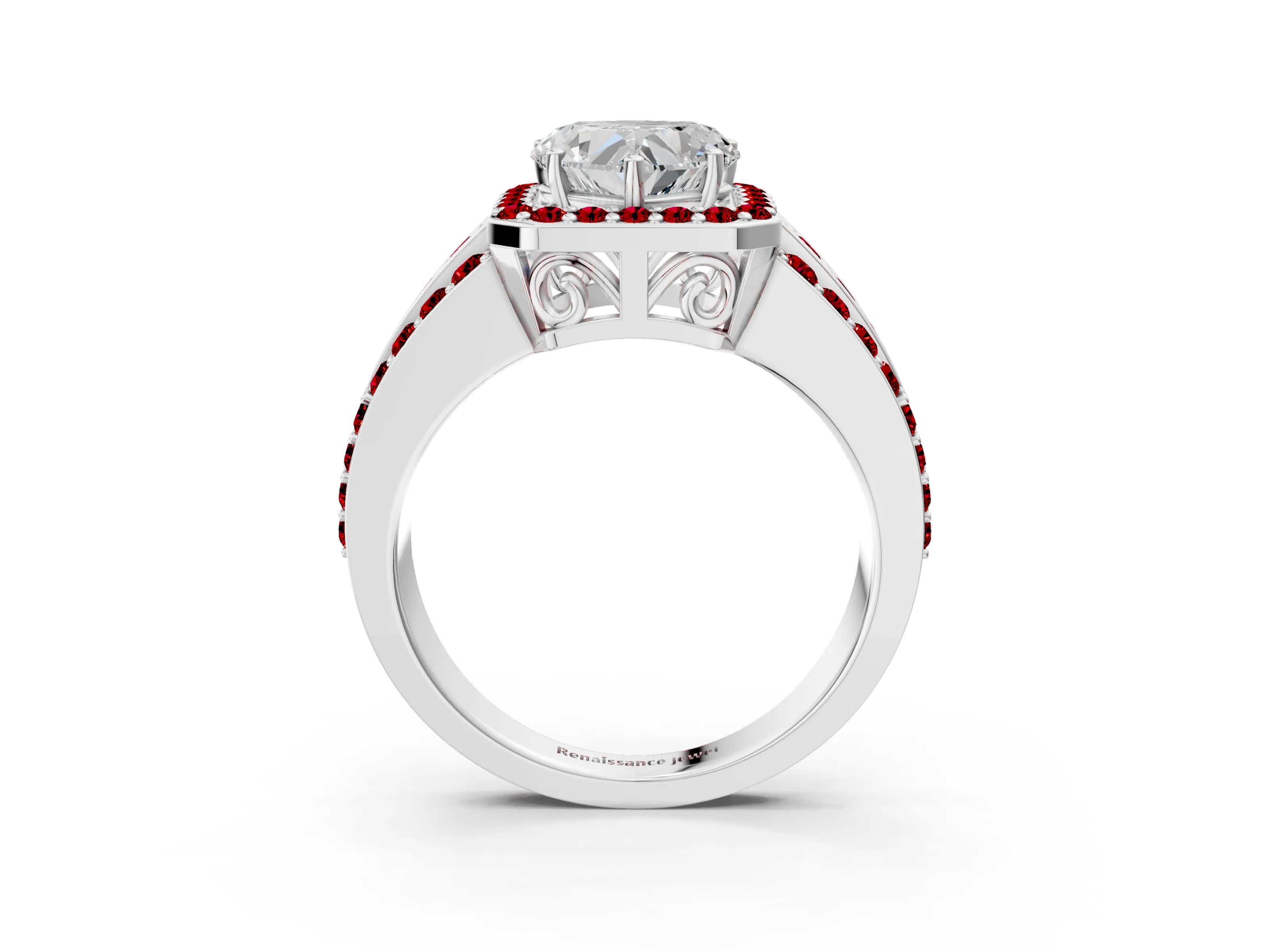 White gold Heart Cut Halo Diamond Ring with Round with Ruby side stone Split Shank and Prong Setting_39