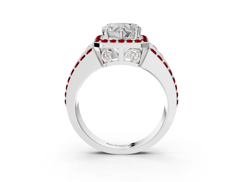 White gold Heart Cut Halo Diamond Ring with Round with Ruby side stone Split Shank and Prong Setting_39