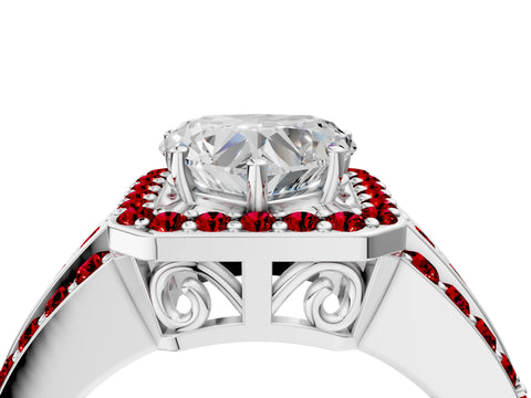 White gold Heart Cut Halo Diamond Ring with Round with Ruby side stone Split Shank and Prong Setting_40