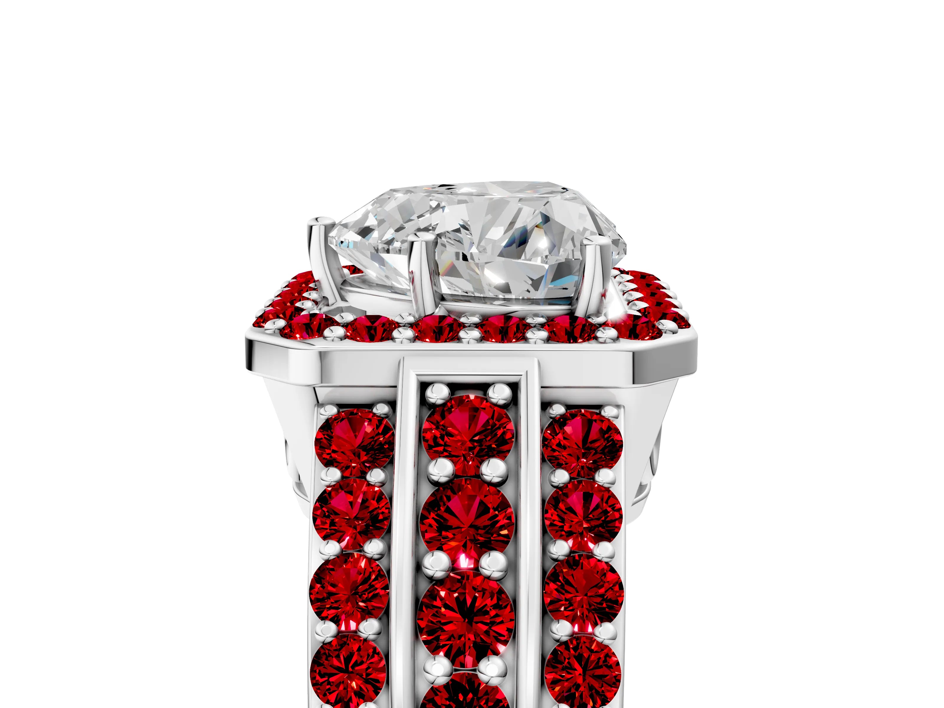 White gold Heart Cut Halo Diamond Ring with Round with Ruby side stone Split Shank and Prong Setting_41