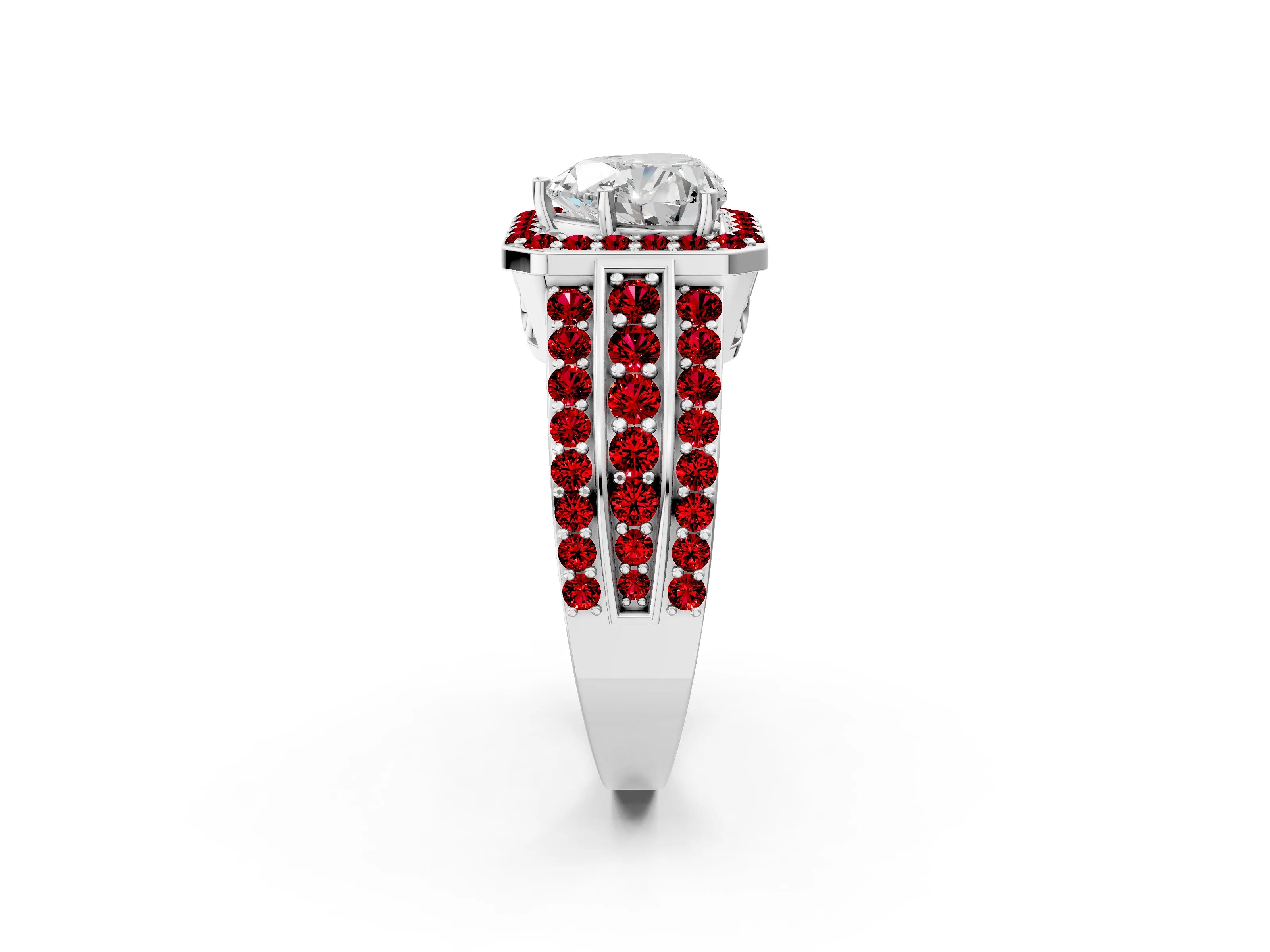 White gold Heart Cut Halo Diamond Ring with Round with Ruby side stone Split Shank and Prong Setting_50