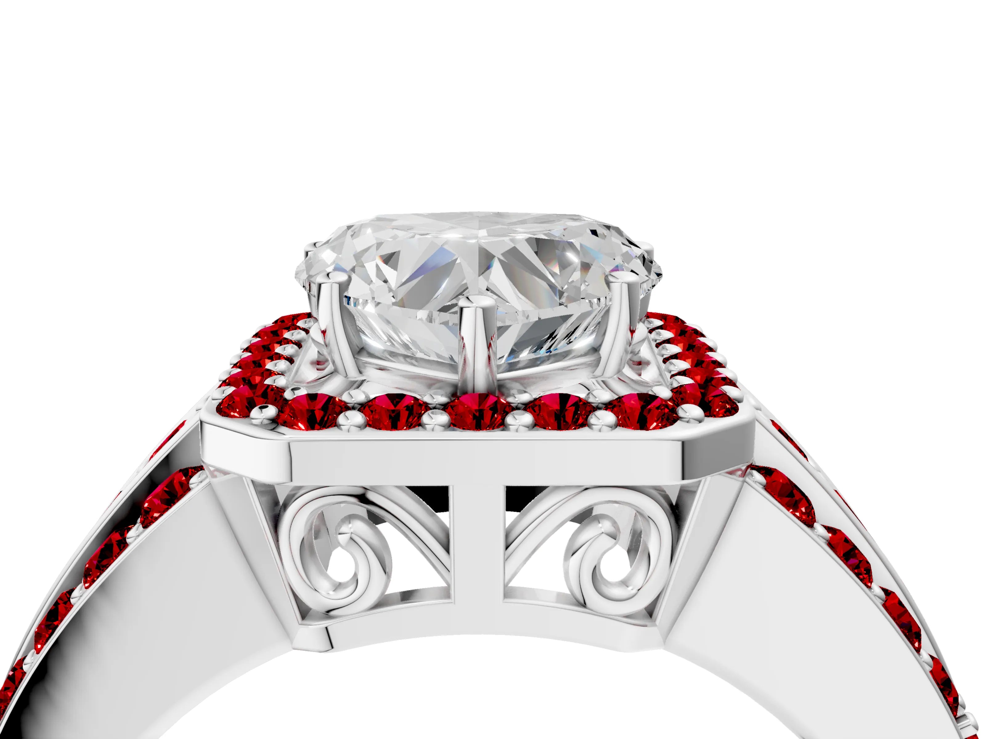 White gold Heart Cut Halo Diamond Ring with Round with Ruby side stone Split Shank and Prong Setting_52