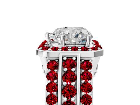 White gold Heart Cut Halo Diamond Ring with Round with Ruby side stone Split Shank and Prong Setting_53