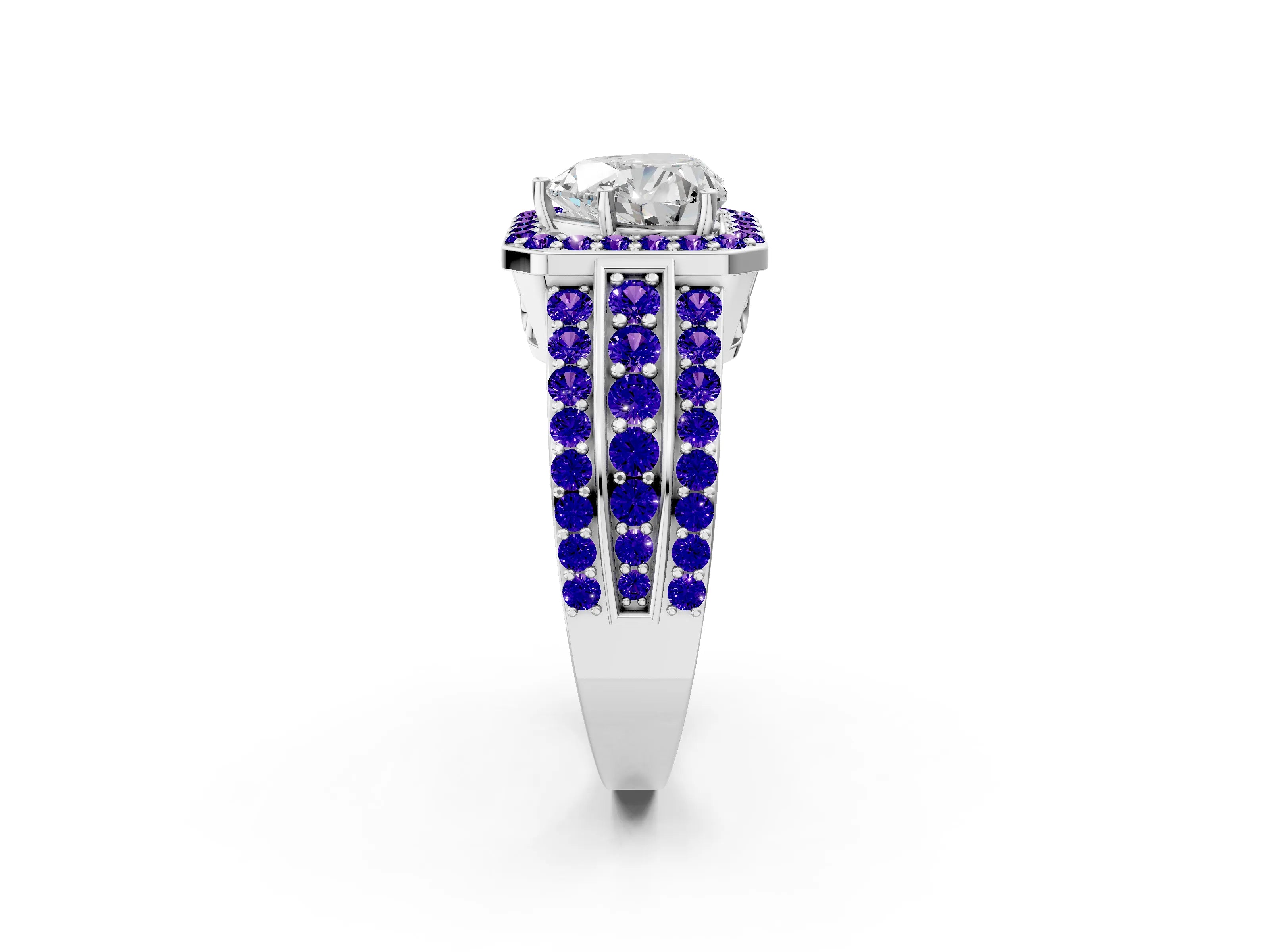 White gold Heart Cut Halo Diamond Ring with Round with Tanzanite side stone Split Shank and Prong Setting_14