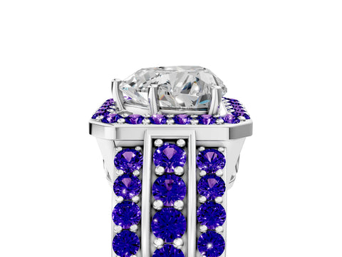 White gold Heart Cut Halo Diamond Ring with Round with Tanzanite side stone Split Shank and Prong Setting_17