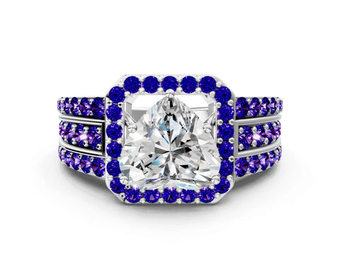 White gold Heart Cut Halo Diamond Ring with Round with Tanzanite side stone Split Shank and Prong Setting_18