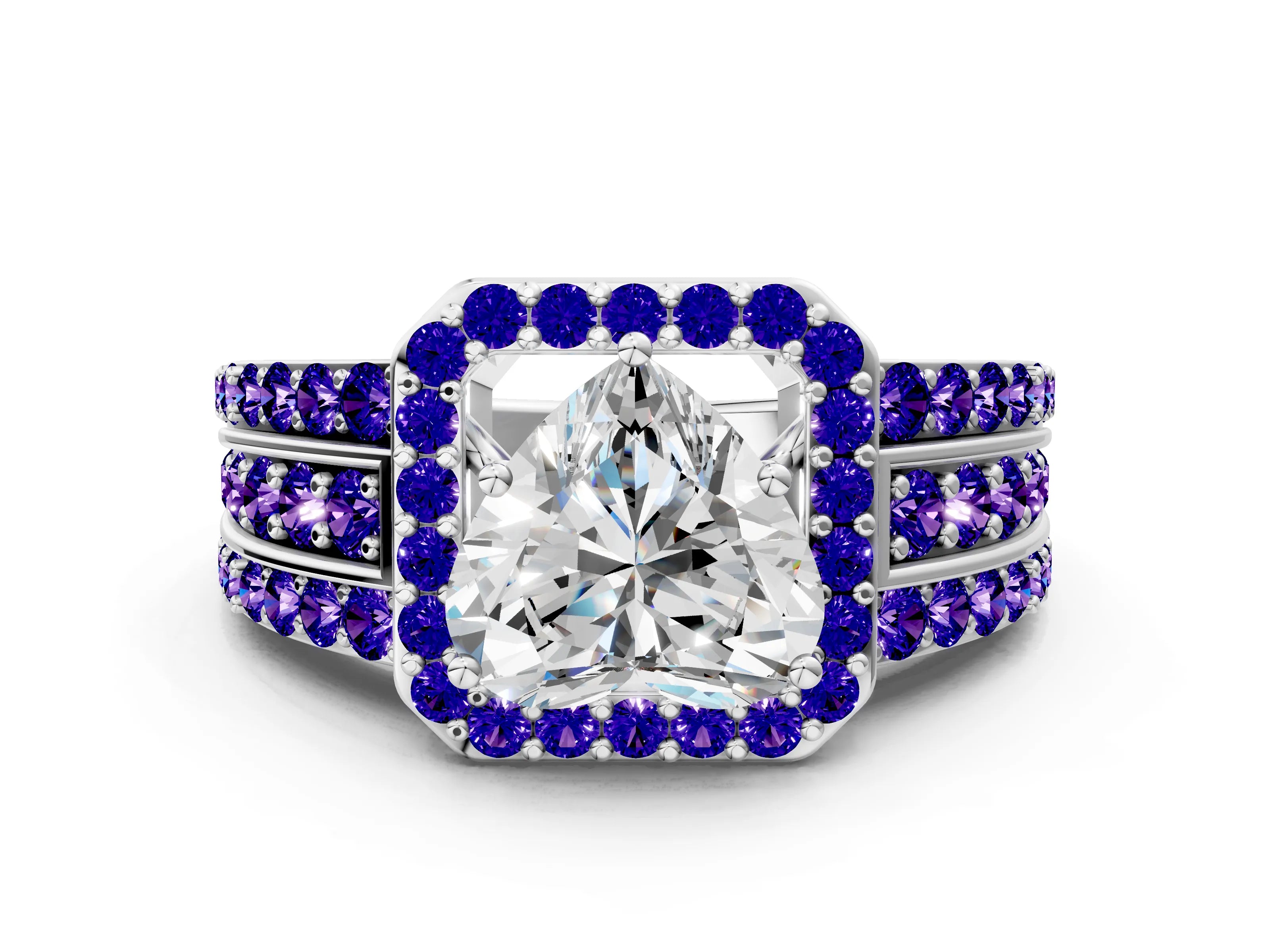 White gold Heart Cut Halo Diamond Ring with Round with Tanzanite side stone Split Shank and Prong Setting_19