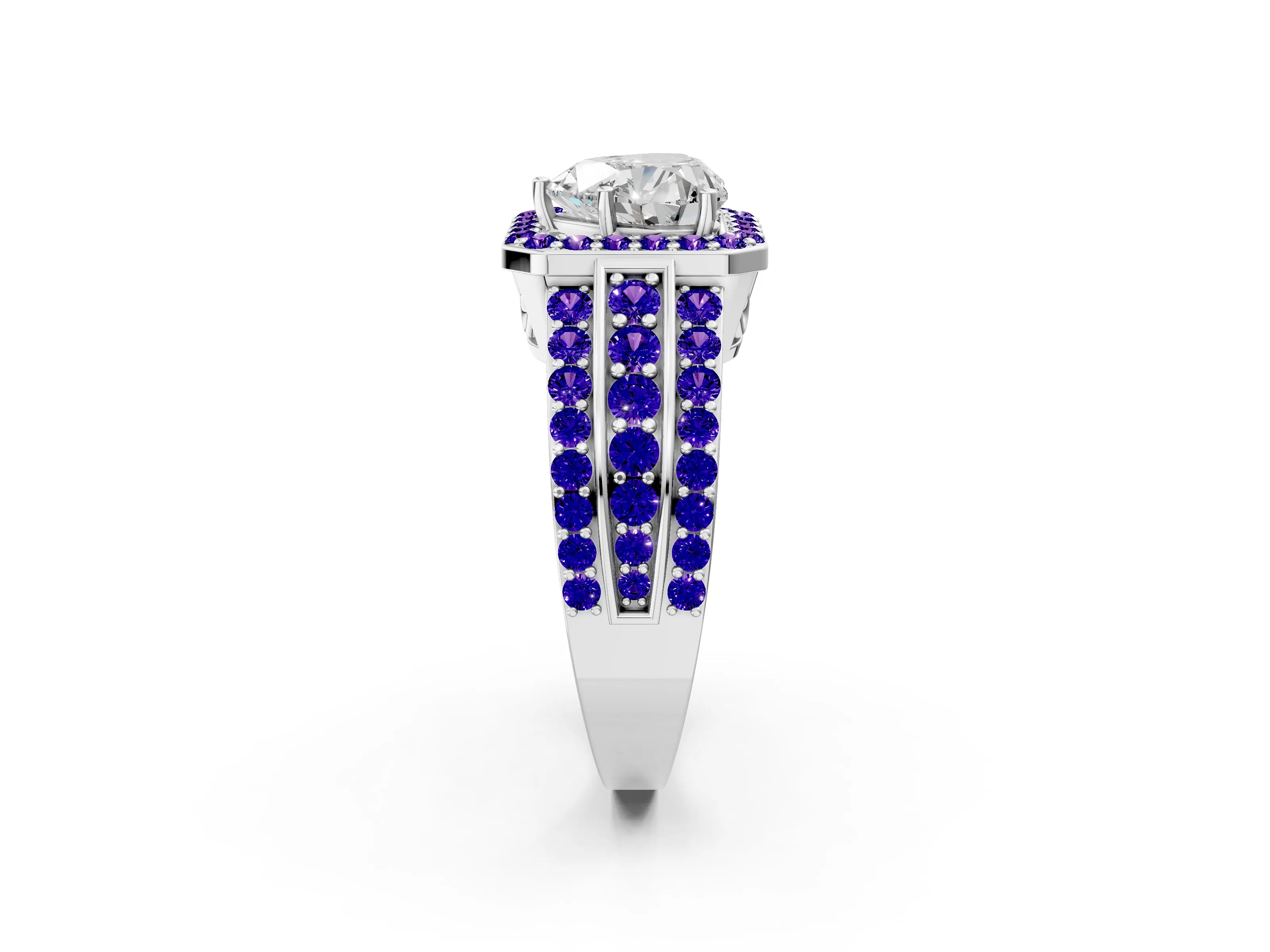 White gold Heart Cut Halo Diamond Ring with Round with Tanzanite side stone Split Shank and Prong Setting_21