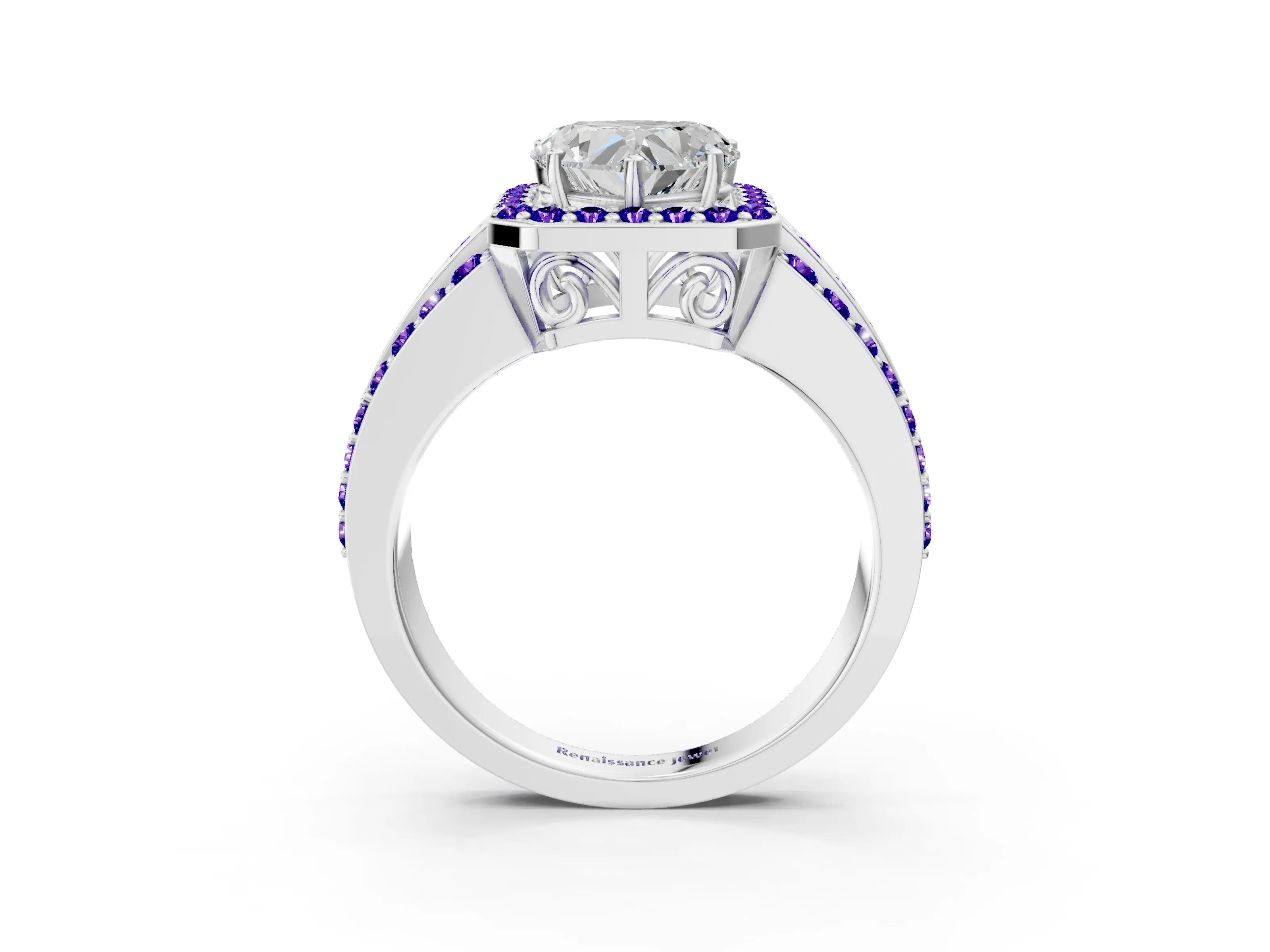 White gold Heart Cut Halo Diamond Ring with Round with Tanzanite side stone Split Shank and Prong Setting_21