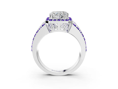 White gold Heart Cut Halo Diamond Ring with Round with Tanzanite side stone Split Shank and Prong Setting_21