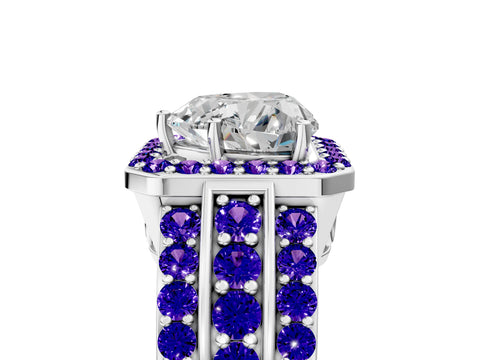 White gold Heart Cut Halo Diamond Ring with Round with Tanzanite side stone Split Shank and Prong Setting_23