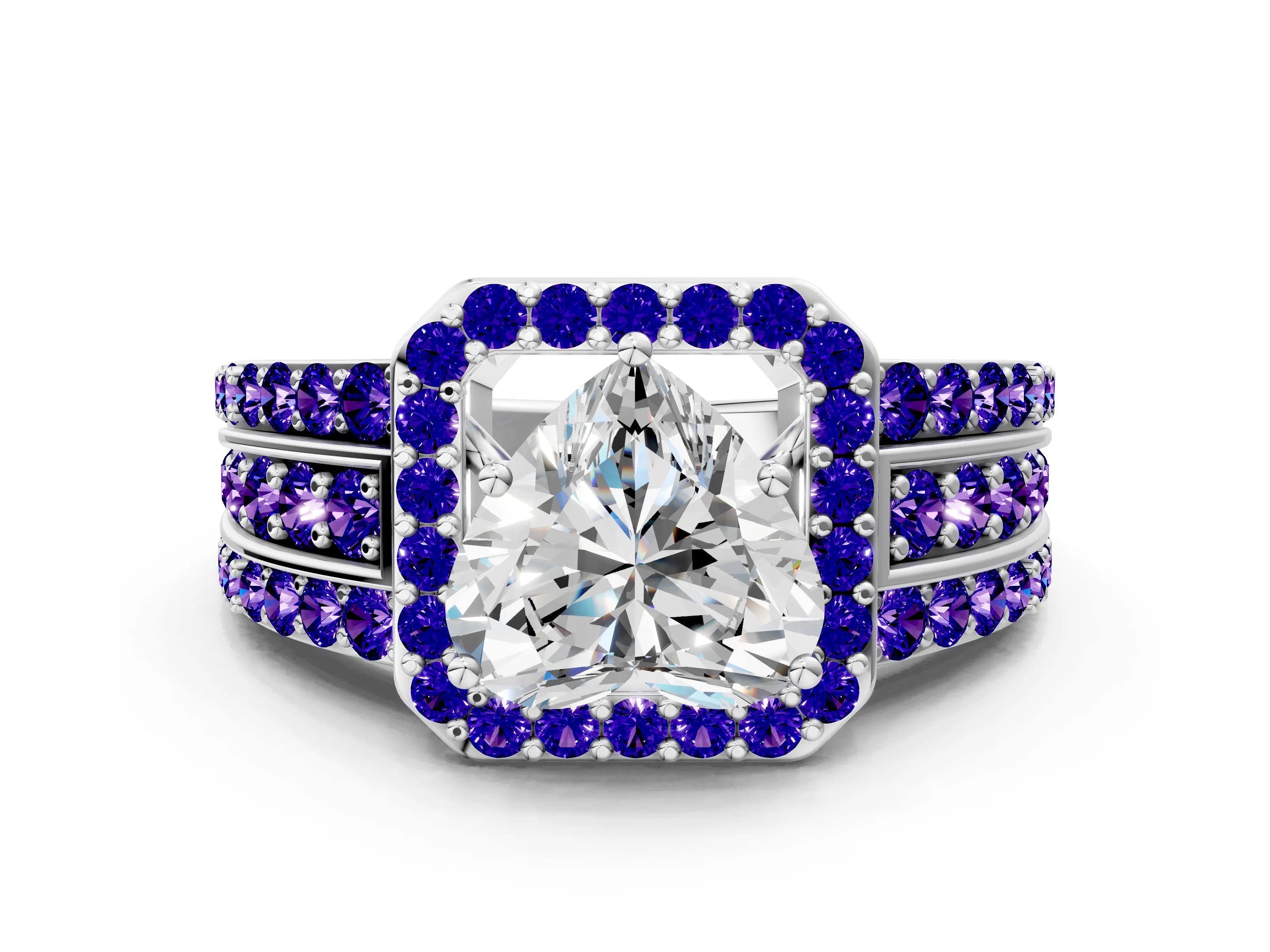 White gold Heart Cut Halo Diamond Ring with Round with Tanzanite side stone Split Shank and Prong Setting_24