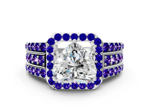 White gold Heart Cut Halo Diamond Ring with Round with Tanzanite side stone Split Shank and Prong Setting_24