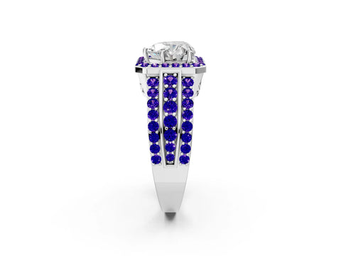 White gold Heart Cut Halo Diamond Ring with Round with Tanzanite side stone Split Shank and Prong Setting_26