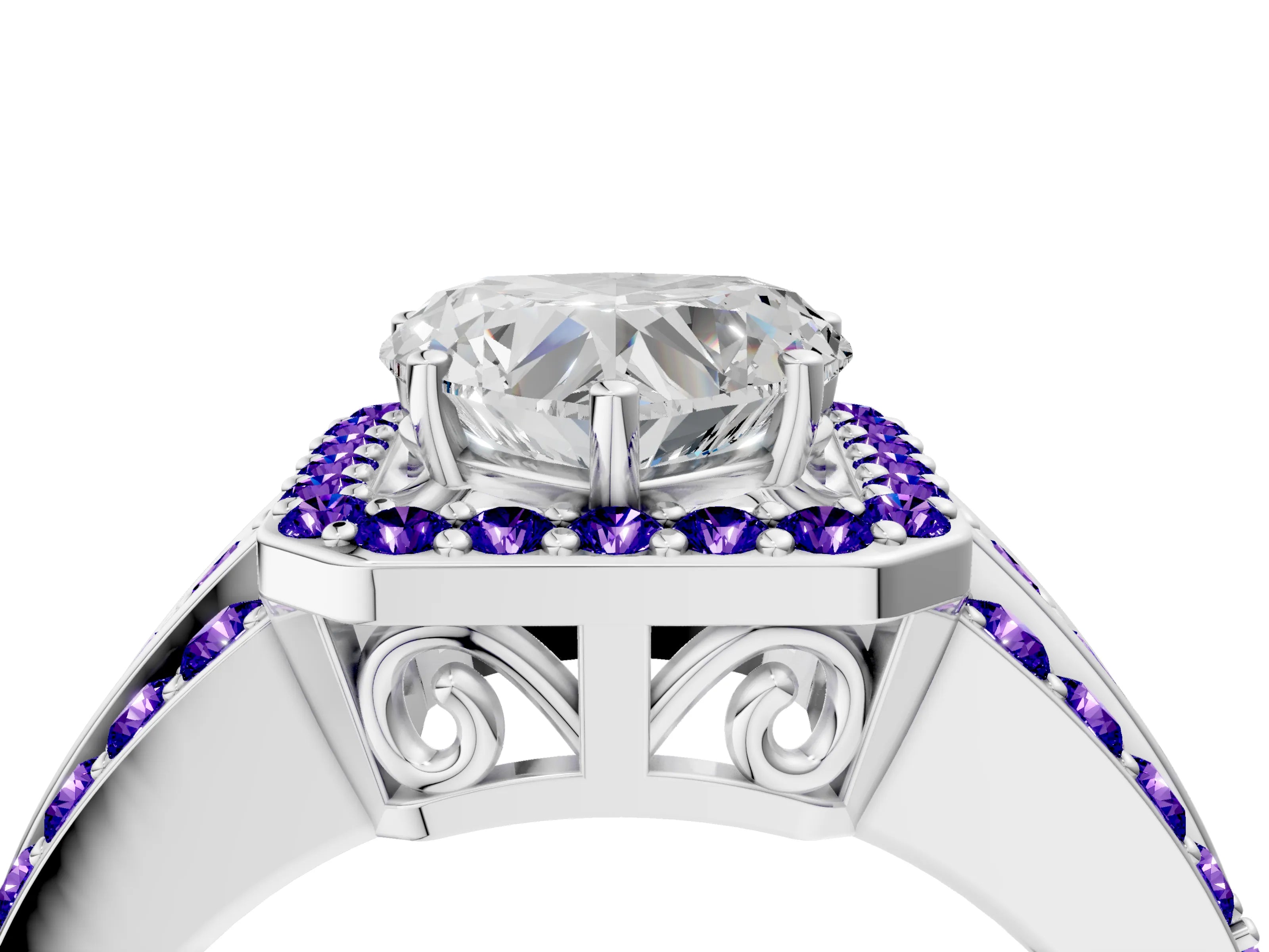 White gold Heart Cut Halo Diamond Ring with Round with Tanzanite side stone Split Shank and Prong Setting_28