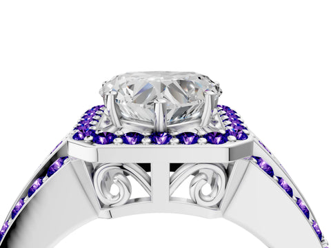 White gold Heart Cut Halo Diamond Ring with Round with Tanzanite side stone Split Shank and Prong Setting_28