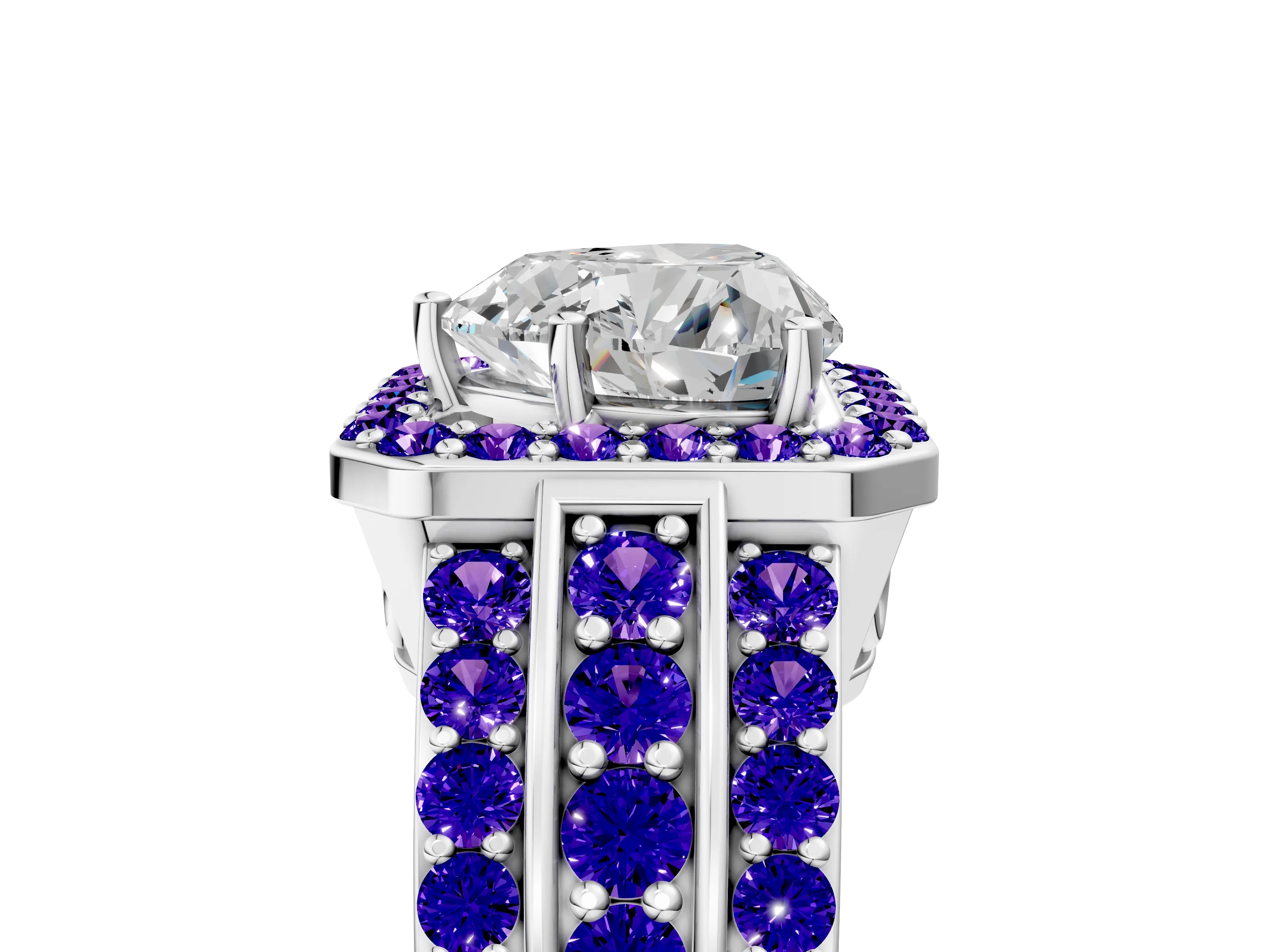 White gold Heart Cut Halo Diamond Ring with Round with Tanzanite side stone Split Shank and Prong Setting_29