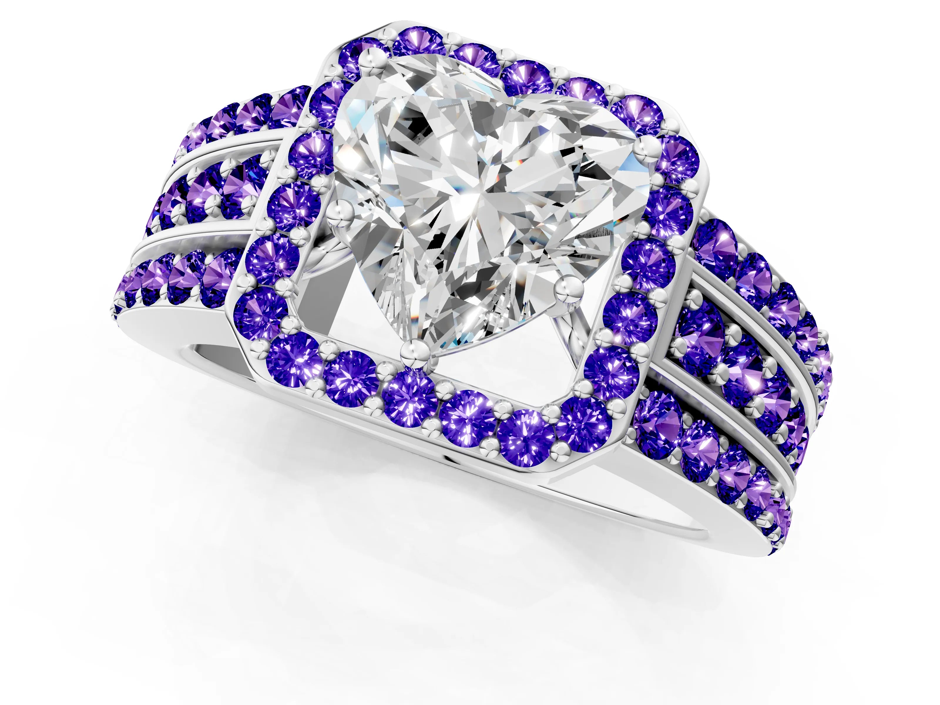 White gold Heart Cut Halo Diamond Ring with Round with Tanzanite side stone Split Shank and Prong Setting_31