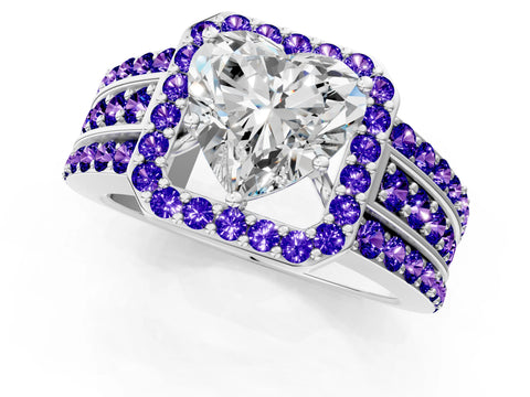 White gold Heart Cut Halo Diamond Ring with Round with Tanzanite side stone Split Shank and Prong Setting_31