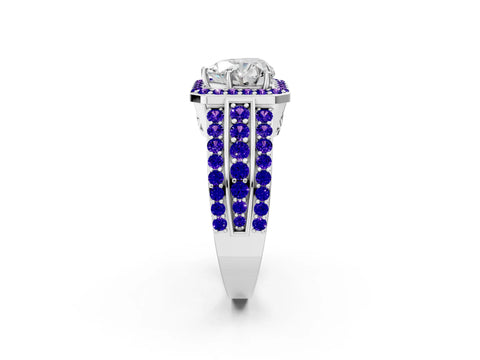 White gold Heart Cut Halo Diamond Ring with Round with Tanzanite side stone Split Shank and Prong Setting_32