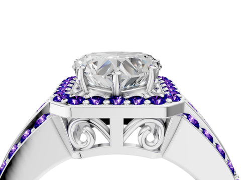 White gold Heart Cut Halo Diamond Ring with Round with Tanzanite side stone Split Shank and Prong Setting_34