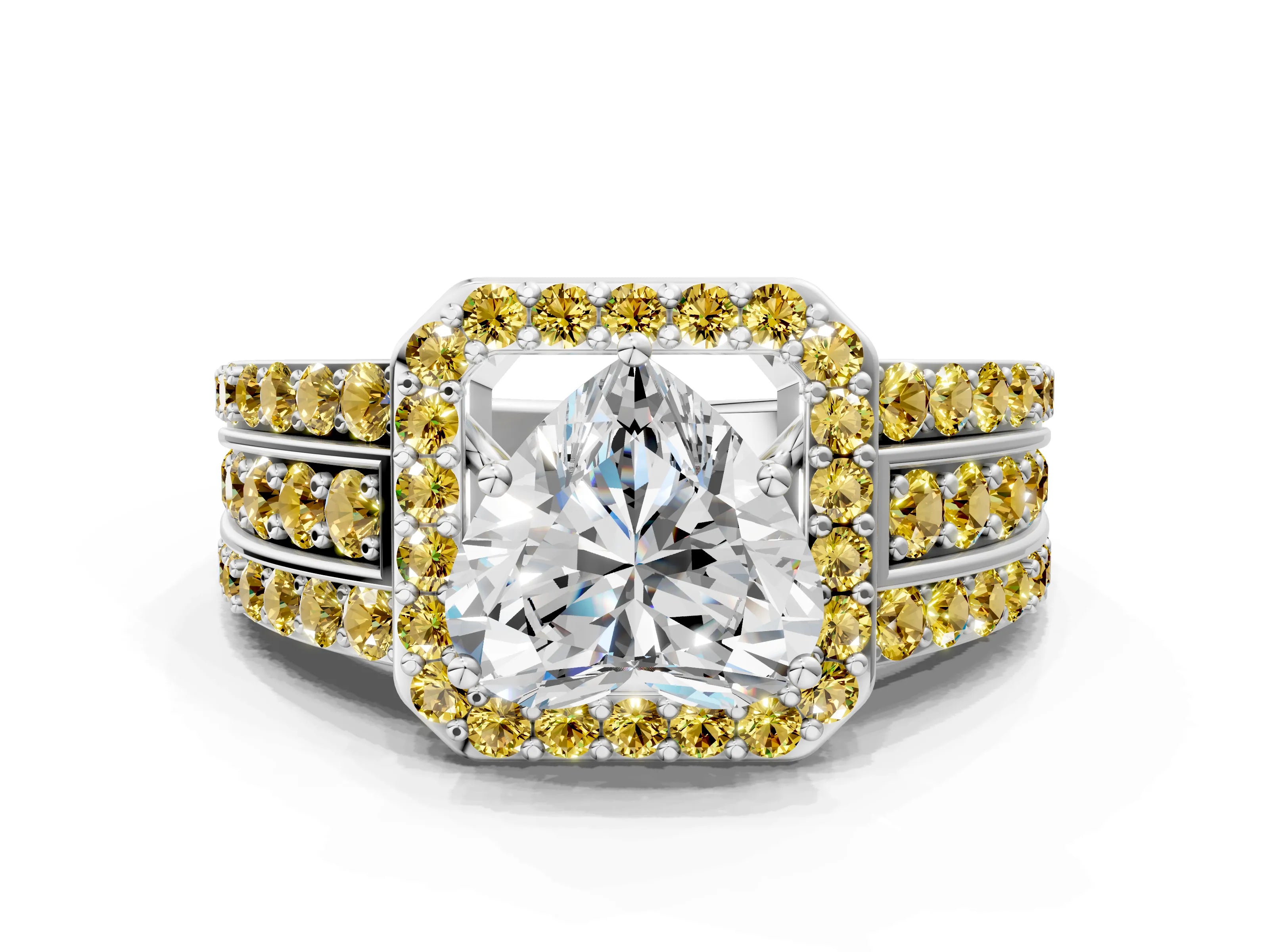 White gold Heart Cut Halo Diamond Ring with Round with Yellow Sapphire side stone Split Shank and Prong Setting_24