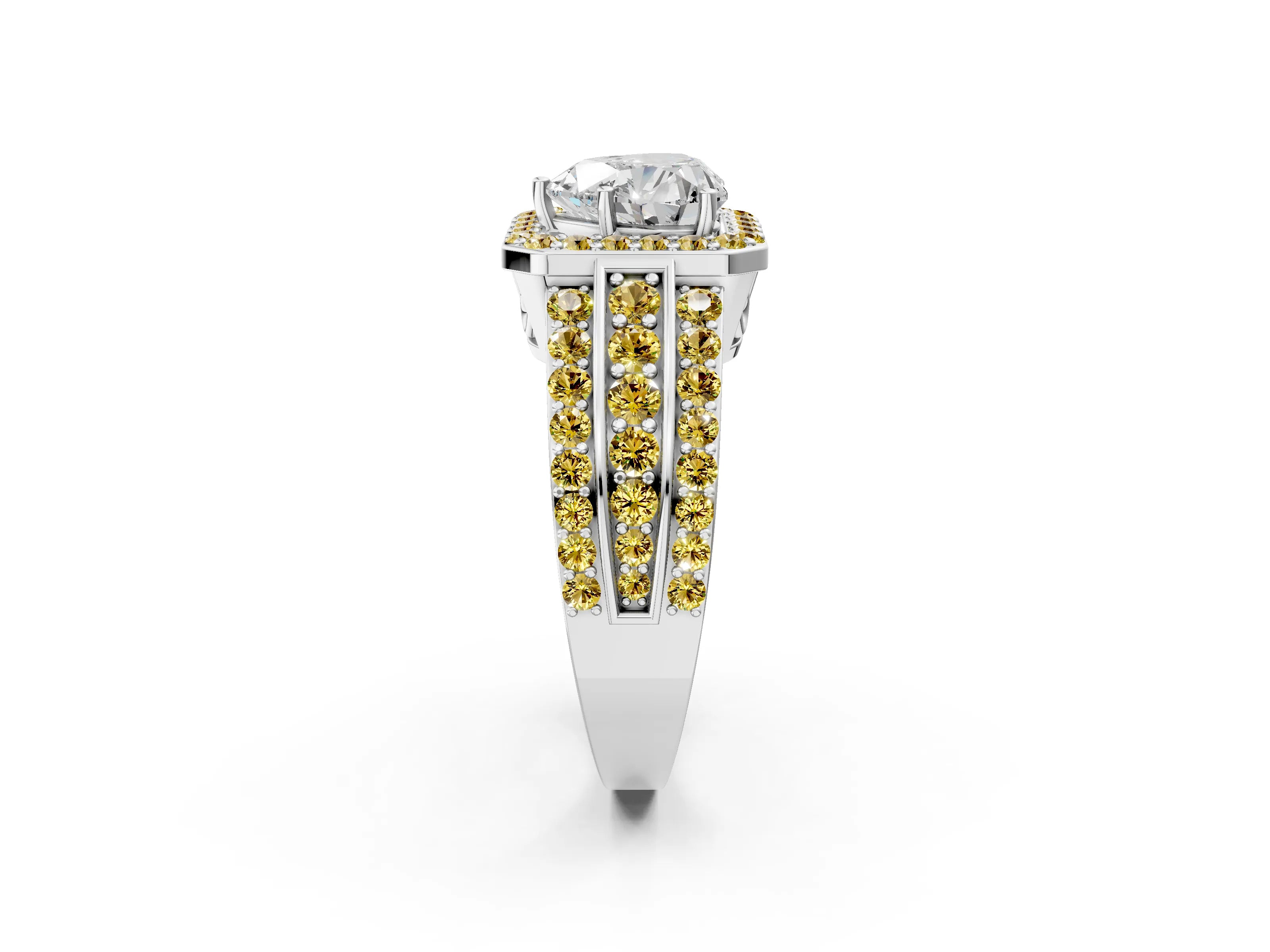 White gold Heart Cut Halo Diamond Ring with Round with Yellow Sapphire side stone Split Shank and Prong Setting_26