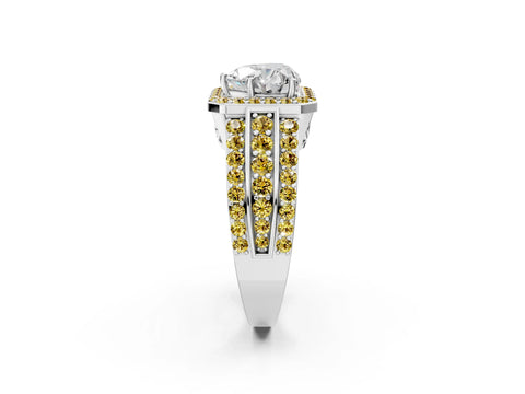 White gold Heart Cut Halo Diamond Ring with Round with Yellow Sapphire side stone Split Shank and Prong Setting_26