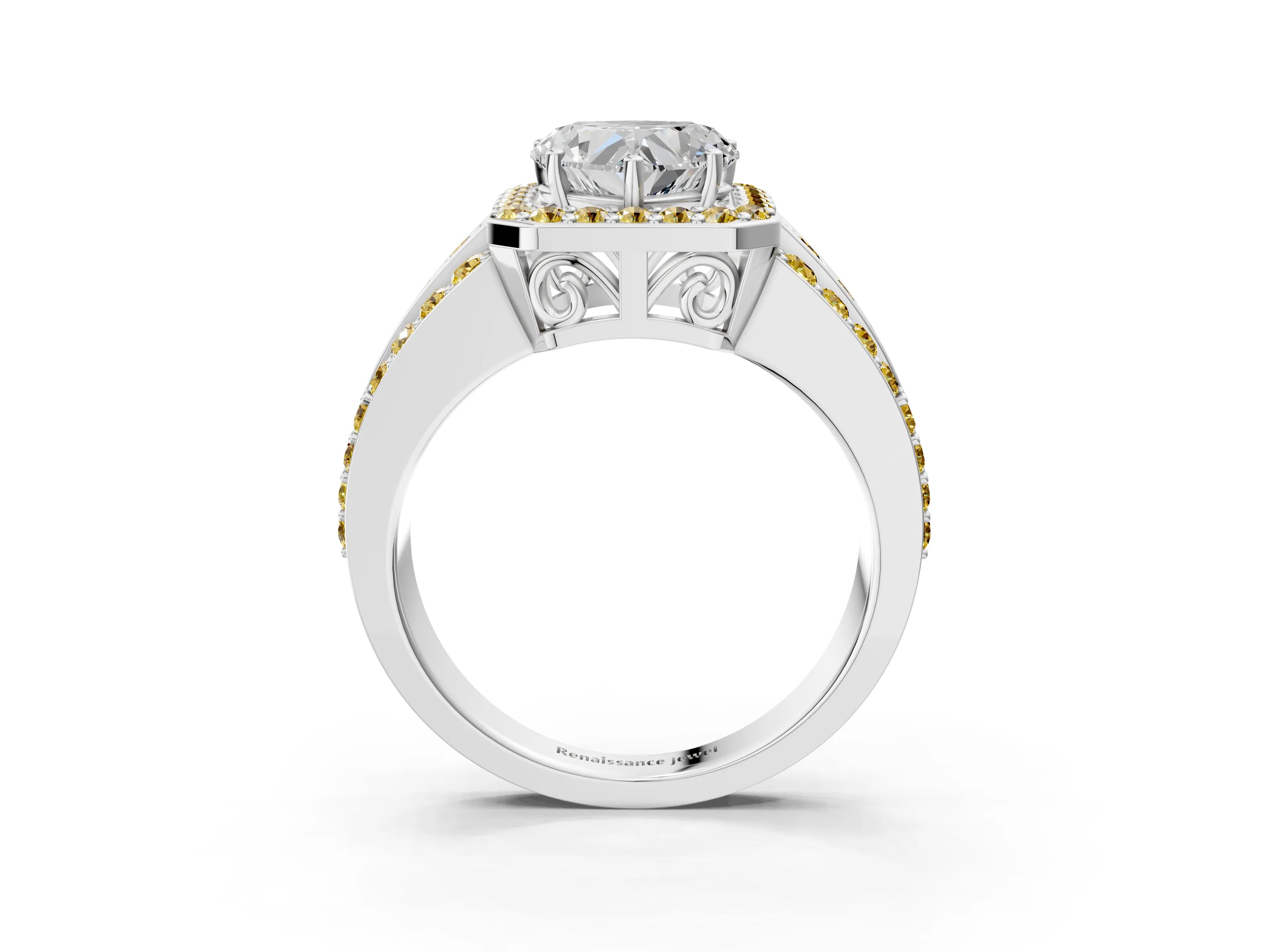 White gold Heart Cut Halo Diamond Ring with Round with Yellow Sapphire side stone Split Shank and Prong Setting_27