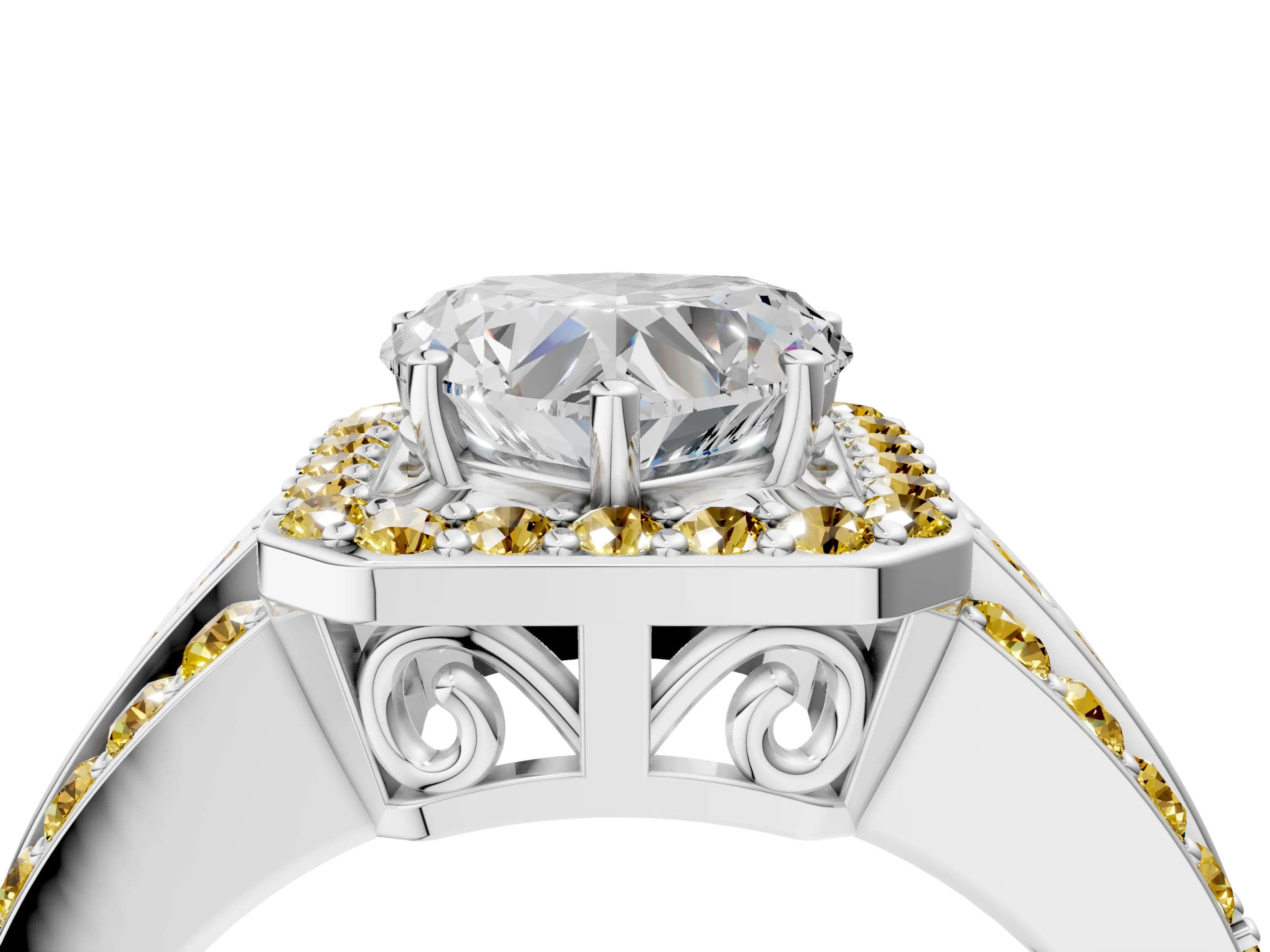 White gold Heart Cut Halo Diamond Ring with Round with Yellow Sapphire side stone Split Shank and Prong Setting_28