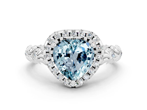 Platinum Heart Cut Aquamarine Halo Ring with Filigree Band and Prong Setting