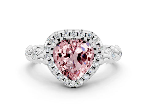 White gold Heart Cut Halo Diamond Solitaire with Filigree Band and Four-Prong Setting