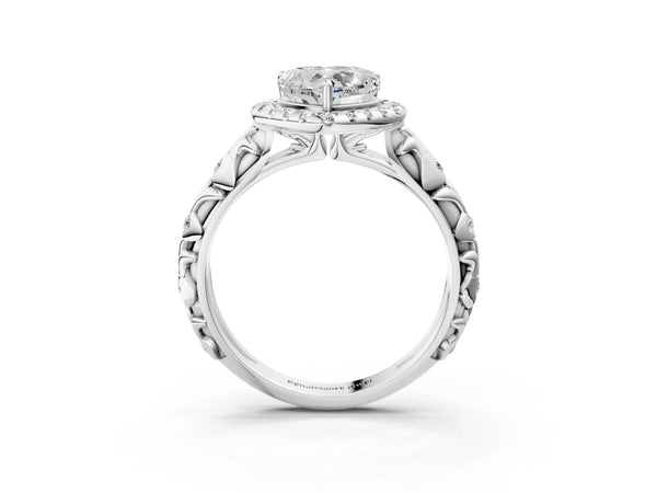 White gold Heart Cut Halo Diamond Solitaire with Filigree Band and Four-Prong Setting