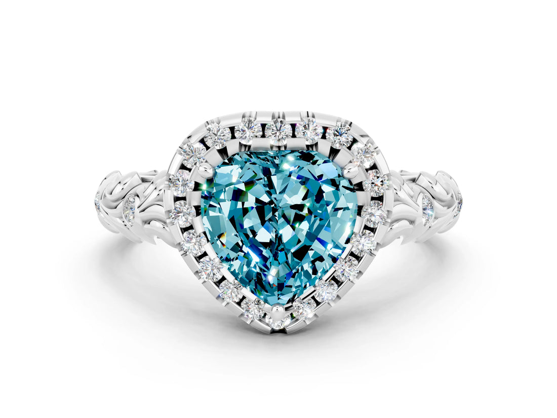 White gold Heart Cut Halo Diamond Solitaire with Filigree Band and Four-Prong Setting