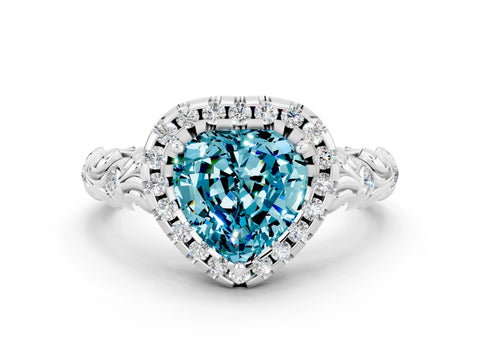 White gold Heart Cut Halo Diamond Solitaire with Filigree Band and Four-Prong Setting