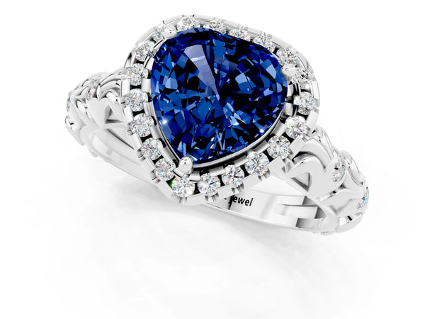 Silver Heart Cut Blue Sapphire Halo Ring with Filigree Band and Prong Setting