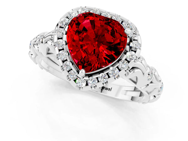 Platinum Heart Cut Ruby Halo Ring with Filigree Band and Prong Setting