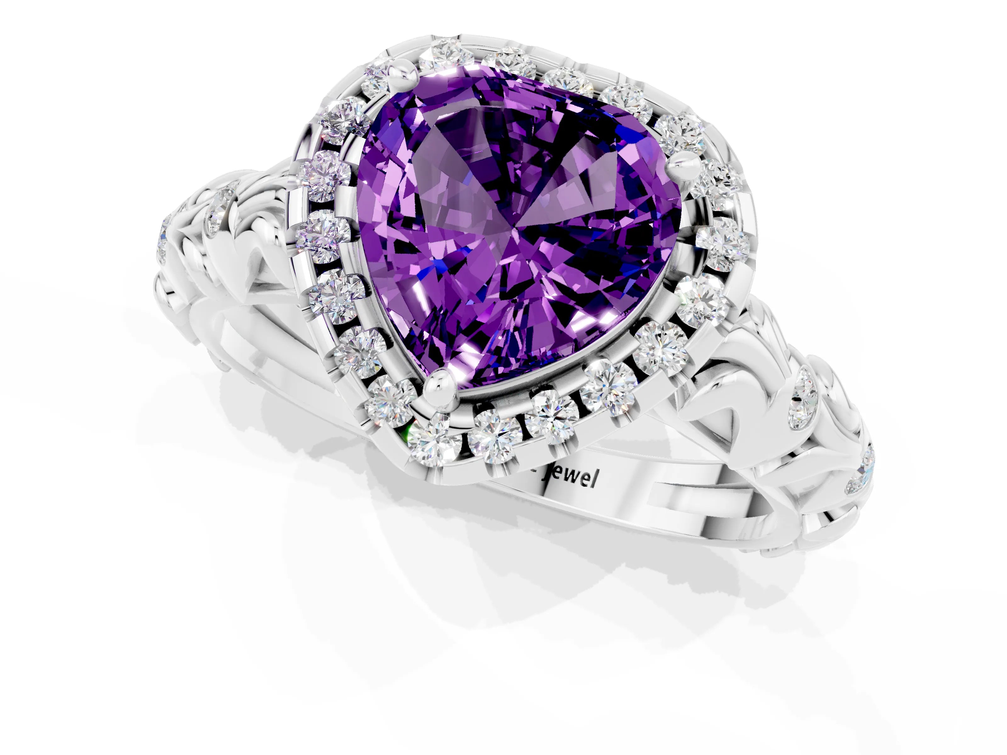 White gold Heart Cut Halo Diamond Solitaire with Filigree Band and Four-Prong Setting_1