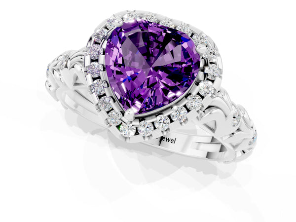 Platinum Heart Cut Amethyst Halo Ring with Filigree Band and Prong Setting