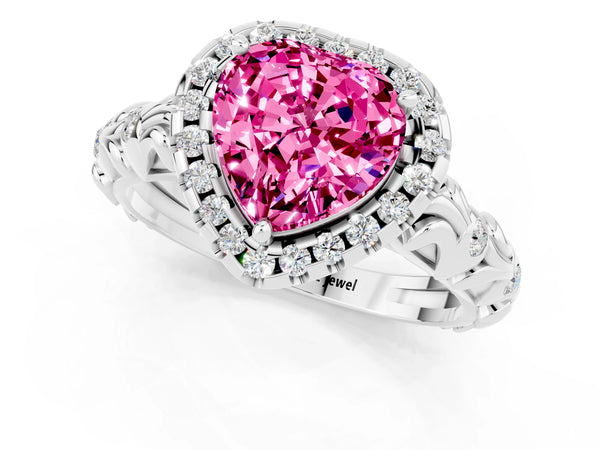 Silver Heart Cut Pink Sapphire Halo Ring with Filigree Band and Prong Setting