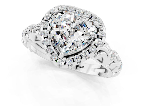 Platinum Heart Cut Moissanite Halo Ring with Filigree Band and Prong Setting